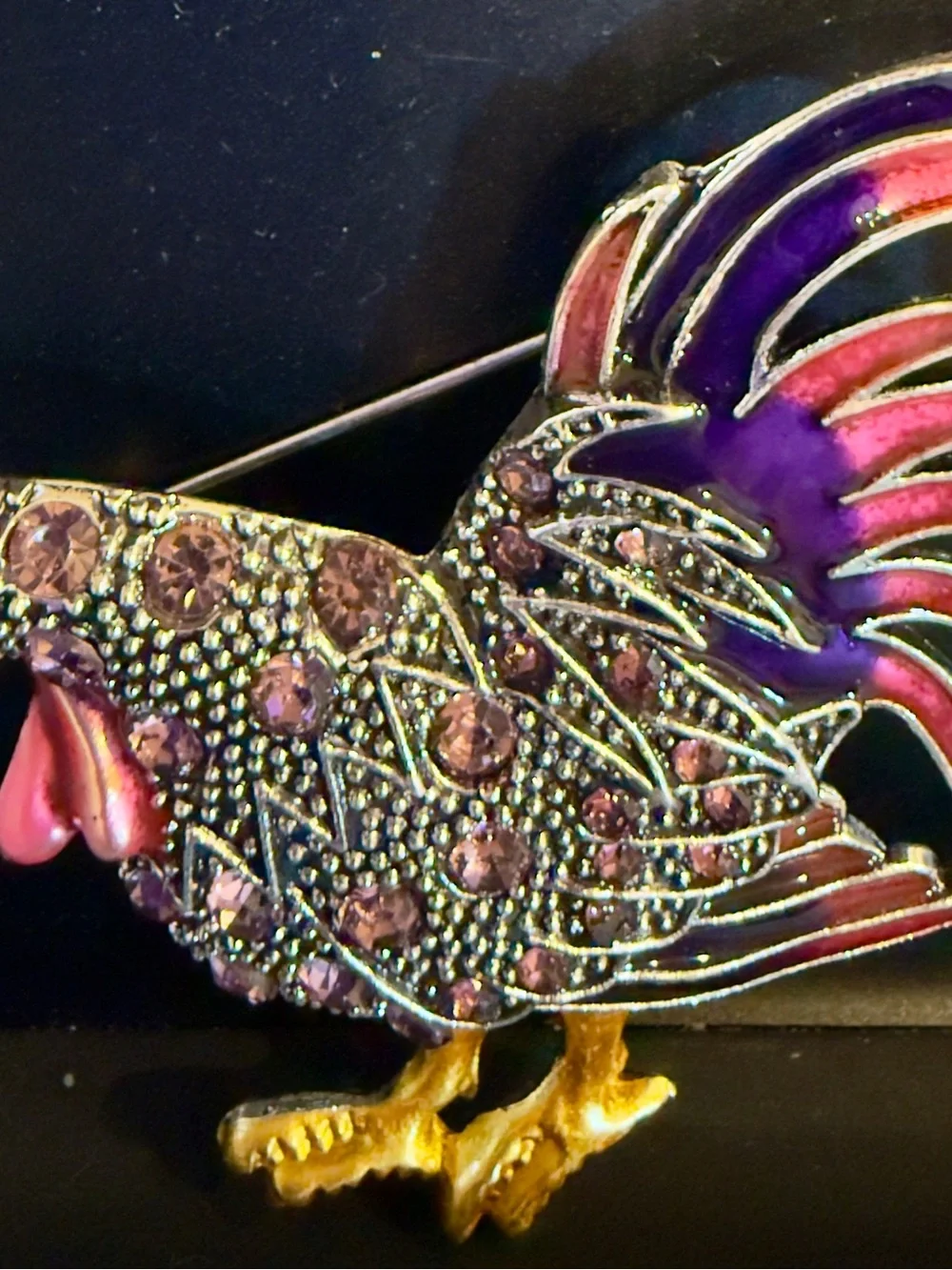 Decorative Purple and Pink Rooster Lapel Pin